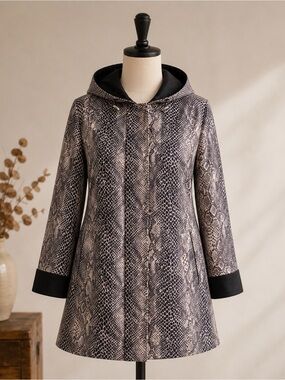 Larry Levine Size Large Snake-Print Hooded Trench Coat - Black & Taupe